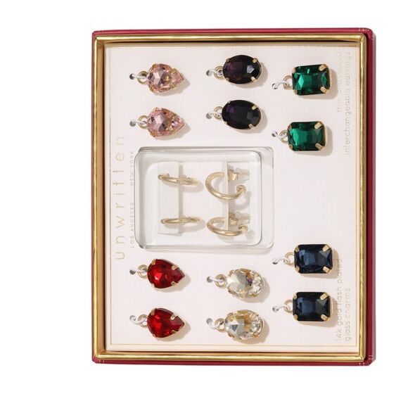 Unwritten Multi-Color Mix Hoop Earring Set Gold Red, Pink, Green, Black Stones - Picture 6 of 7